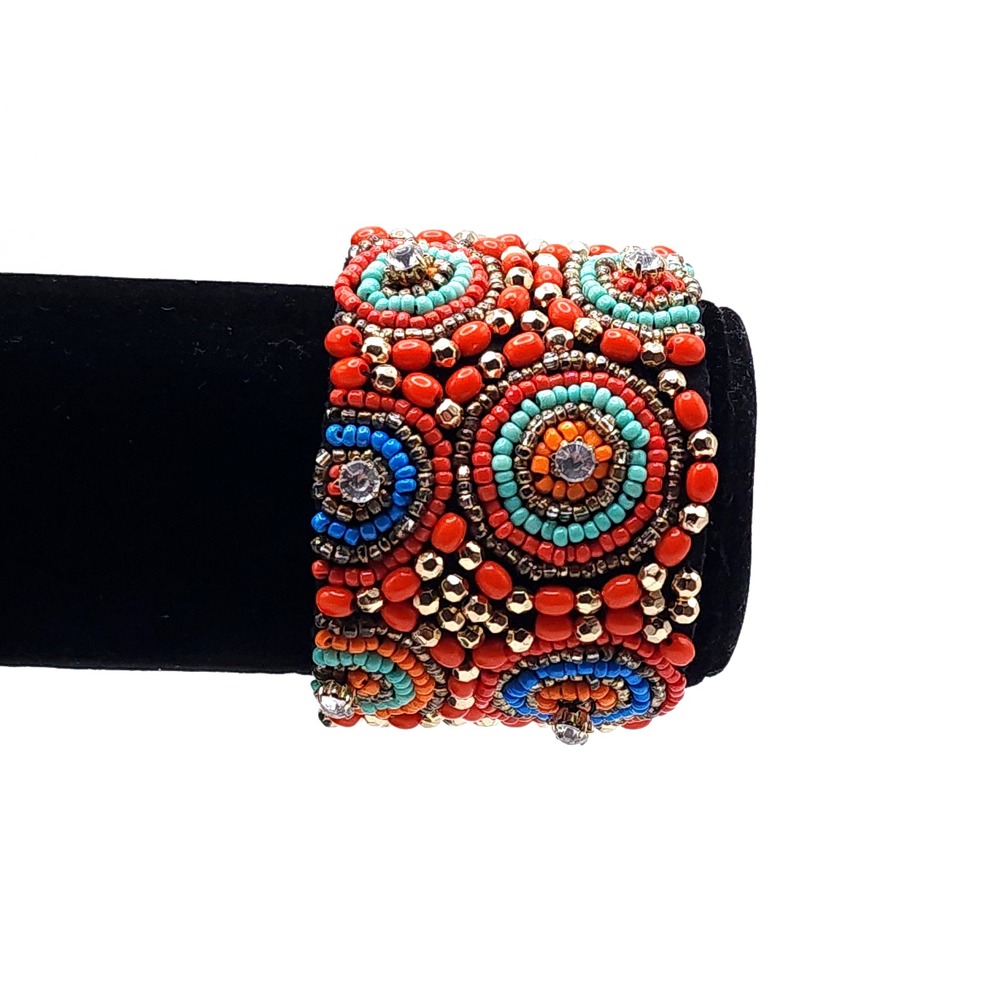MNG by Mango Wide Beaded Cuff Bracelet Boho Magnetic Clasp